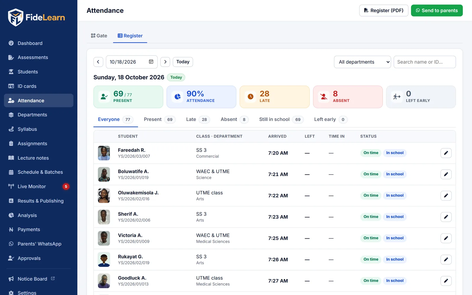 FideLearn daily attendance register with photos, arrival and exit times and status