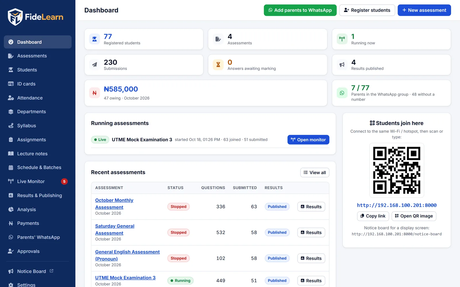 FideLearn admin dashboard with students, assessments, fees and running exams