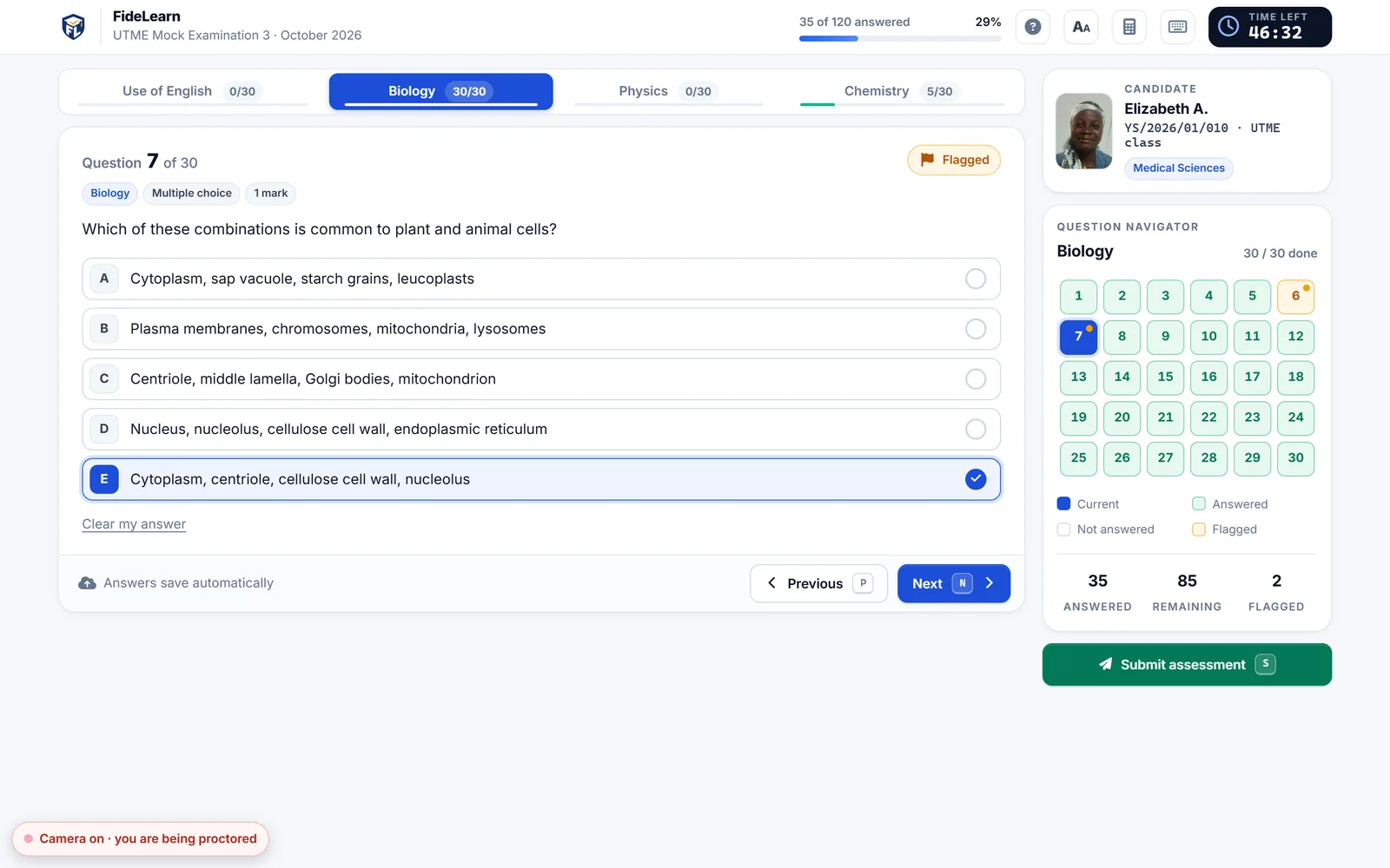 A candidate answering a Biology question in a FideLearn CBT exam, with the question navigator and timer
