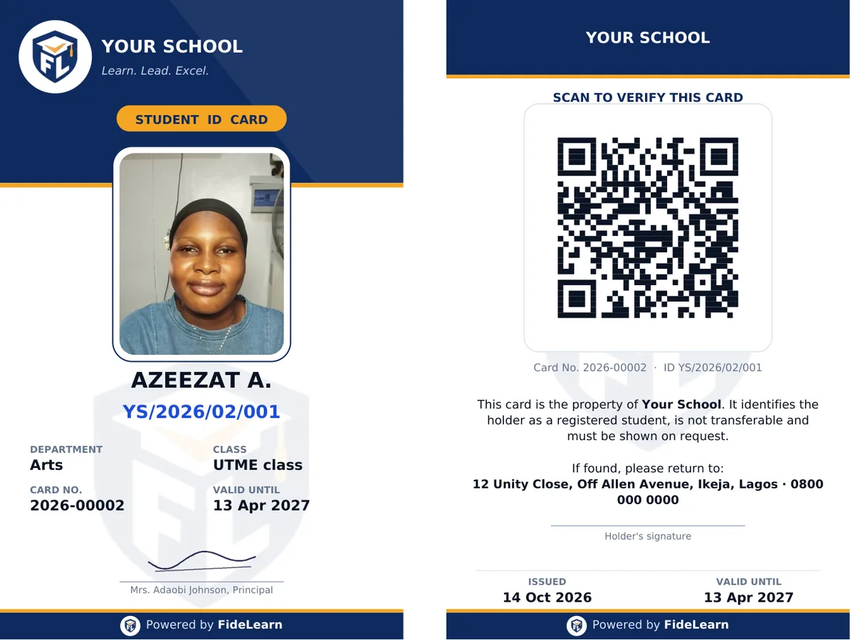 Front and back of a FideLearn student ID card with photo, signature and verification QR code