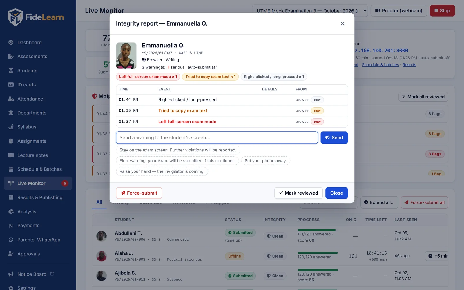 A FideLearn integrity report listing a candidate's alerts with times