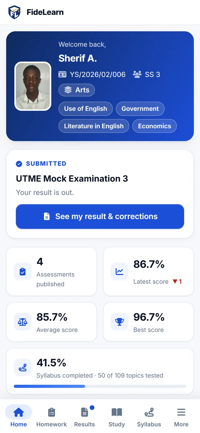 FideLearn student app home screen with latest results and scores