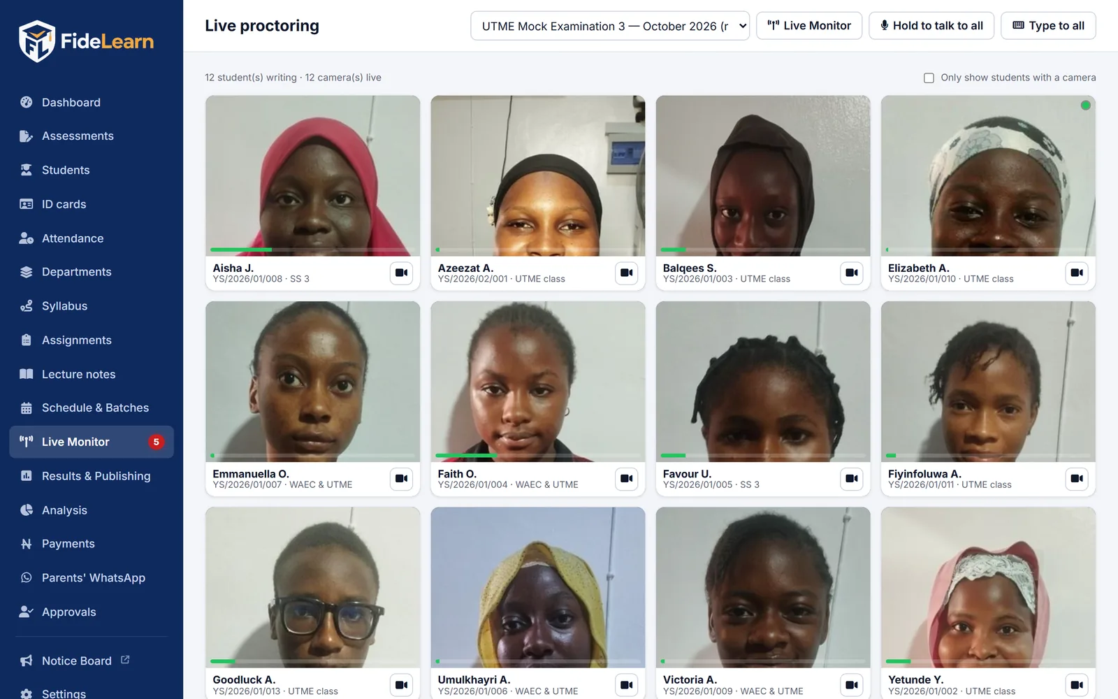 FideLearn live proctoring: a grid of twelve candidates' webcams during a UTME mock exam