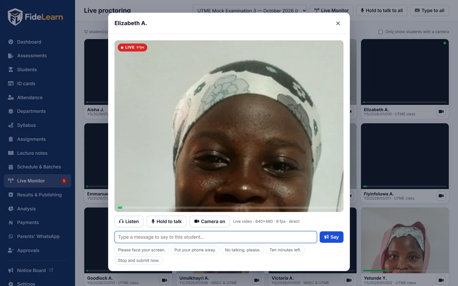 Live video of one candidate at 14 frames a second in FideLearn's proctoring view