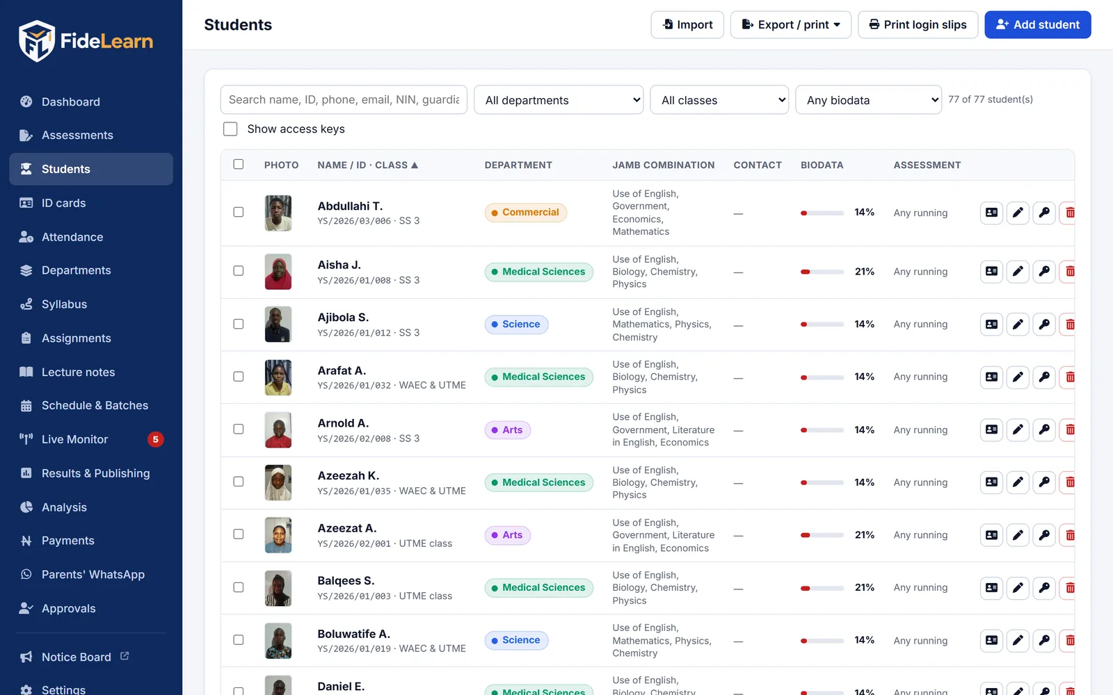 FideLearn students list with photos, departments, subject combinations and biodata status